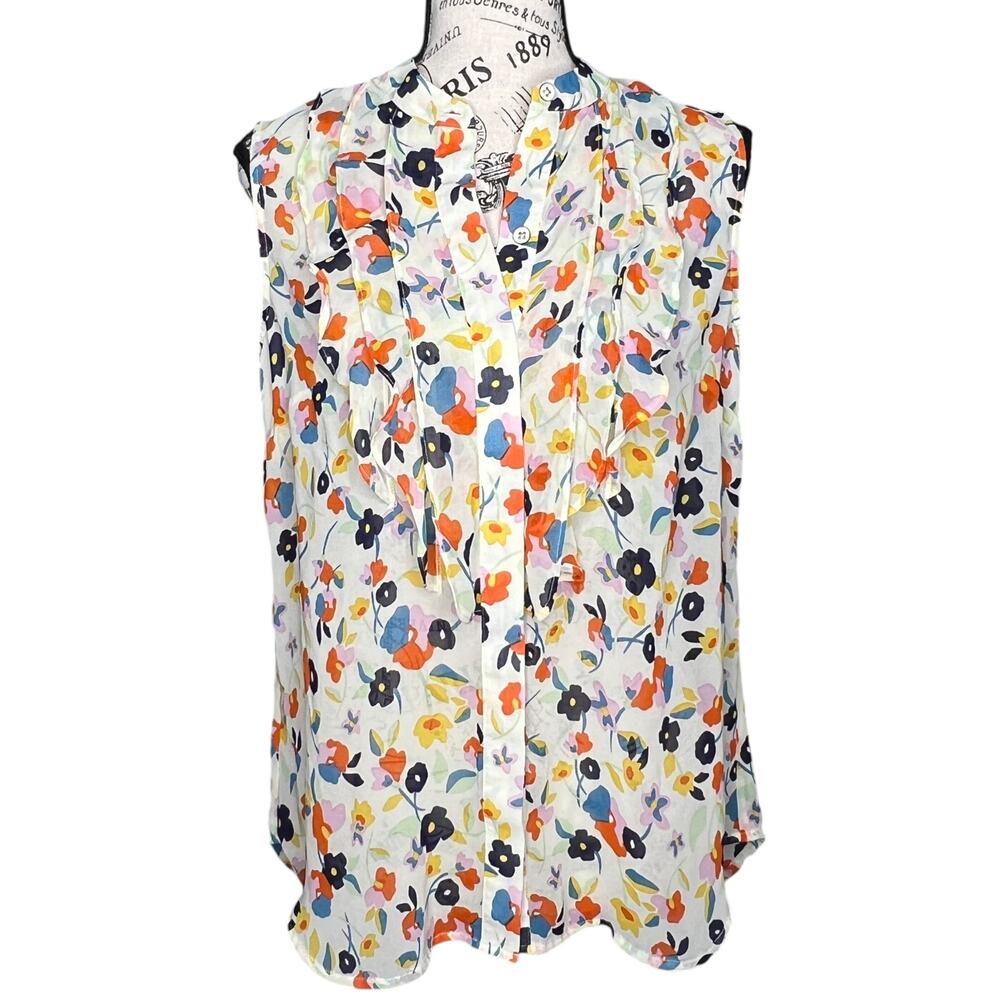 CAbi (S) Tux Ruffle Top - Multi Floral Button Front Sleeveless Blouse Shirt